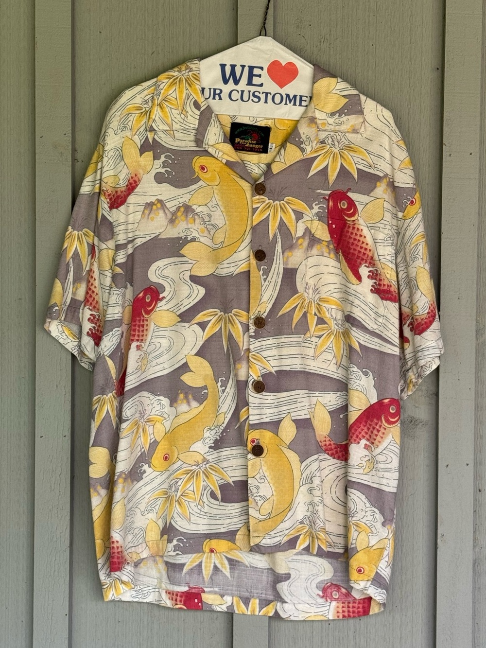 Vintage Paradise on a Hanger Men’s Yellow & Red Koi Print Hawaiian Shirt, L